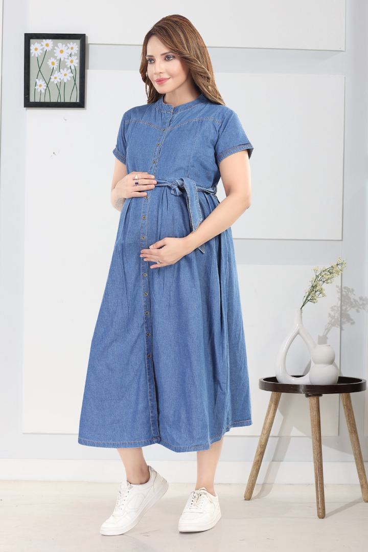 Dusty Blue Denim Maternity Dress