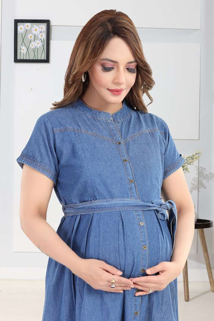 Dusty Blue Denim Maternity Dress