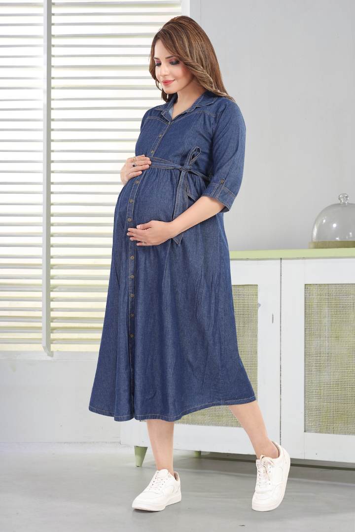 Stone Wash Blue Maternity Dress