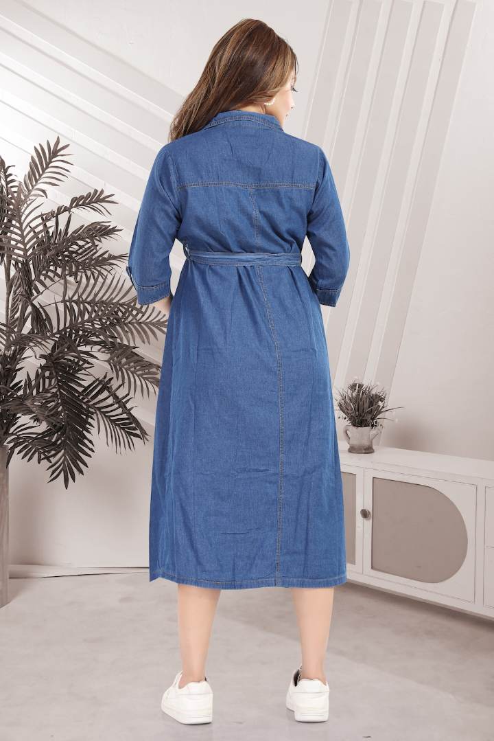 Mid Blue Denim Tie Up Maternity Dress