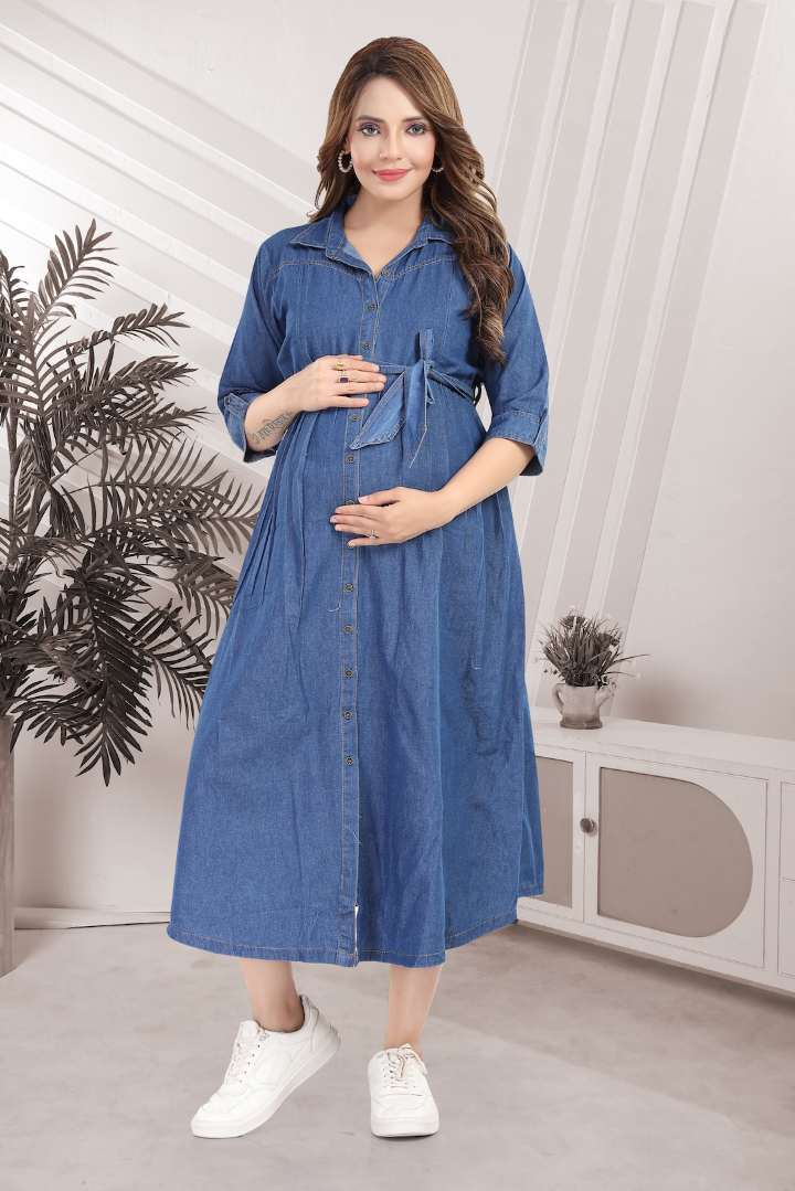 Mid Blue Denim Tie Up Maternity Dress