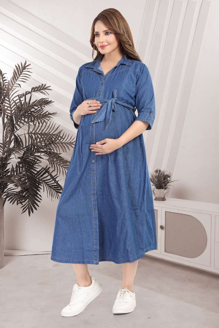 Mid Blue Denim Tie Up Maternity Dress