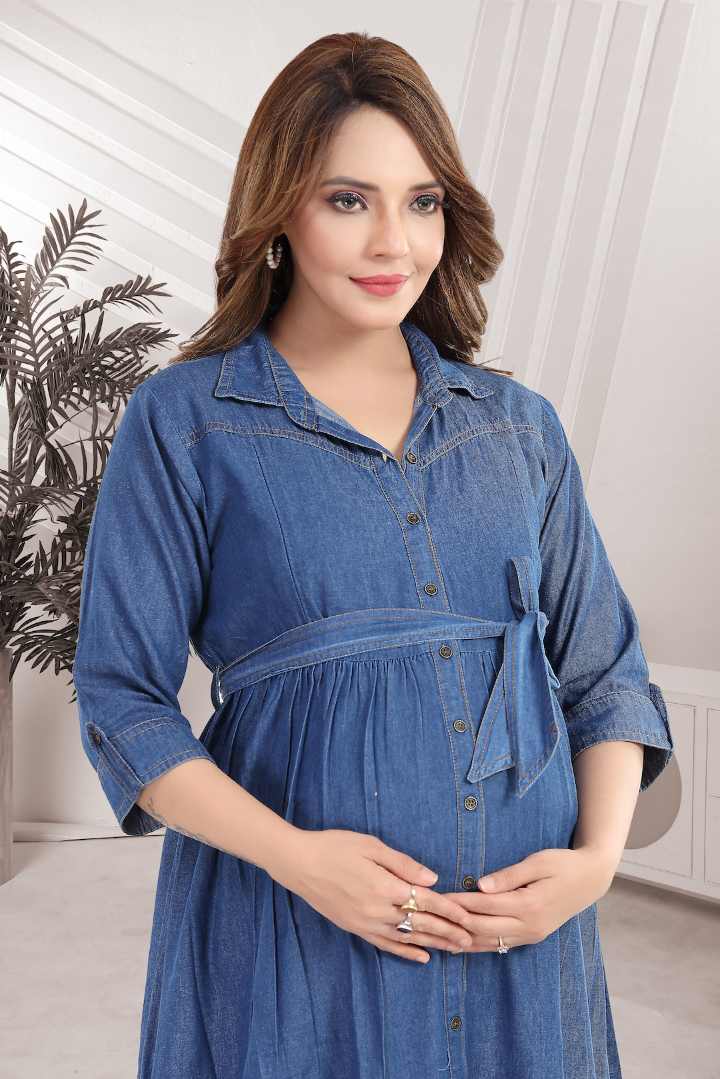 Mid Blue Denim Tie Up Maternity Dress