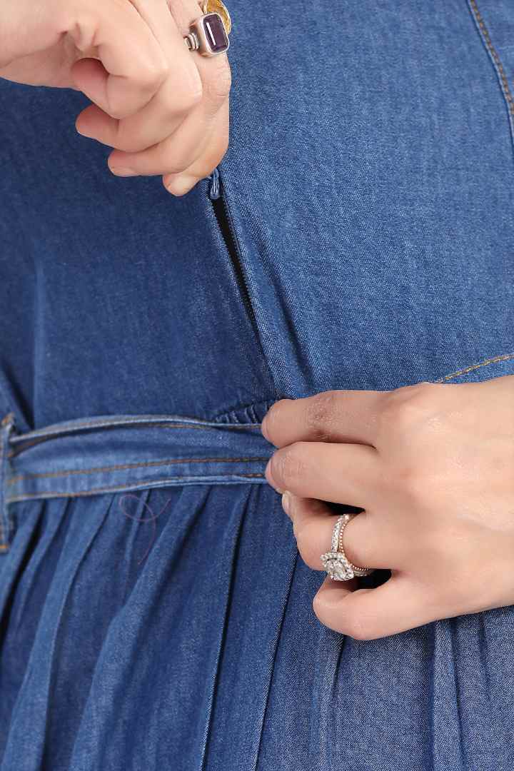 Mid Blue Denim Tie Up Maternity Dress