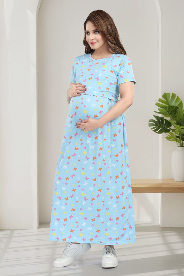 Cinderella Blue Printed Zipless Feeding Nightie