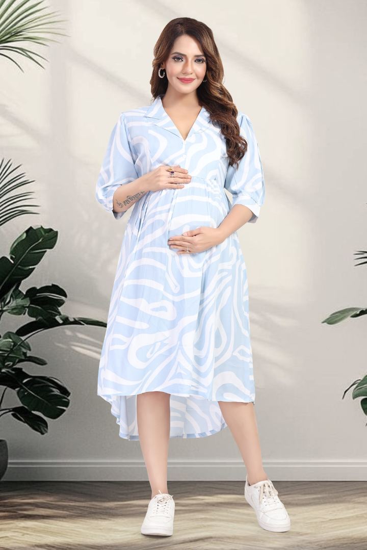Pale Blue Printed Maternity Dress