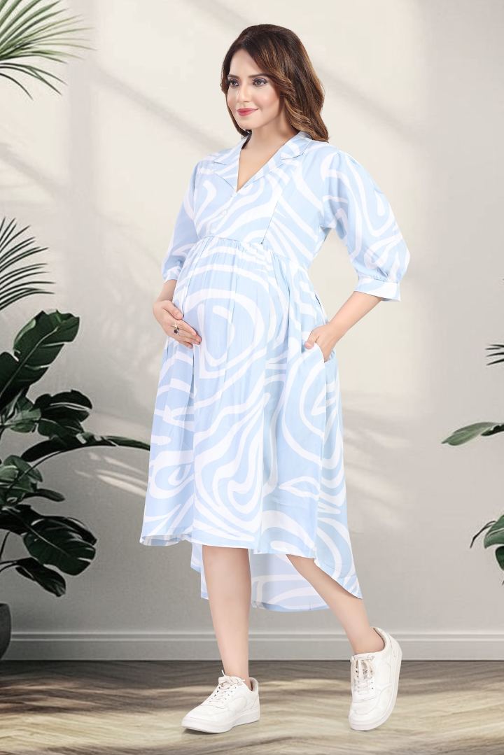 Pale Blue Printed Maternity Dress