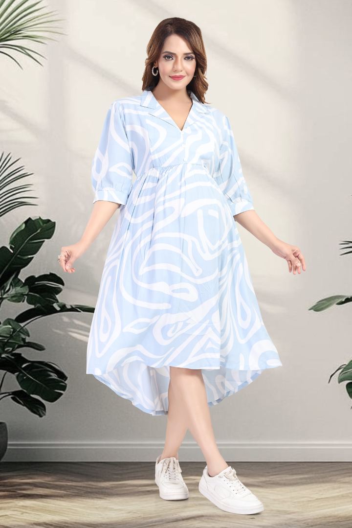 Pale Blue Printed Maternity Dress