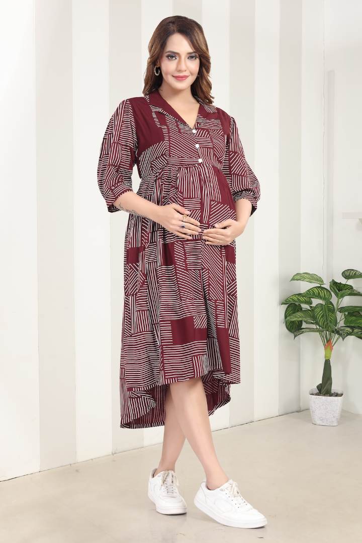 Garnet Red Printed Nursing Dress