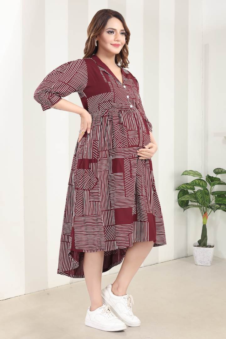 Garnet Red Printed Nursing Dress