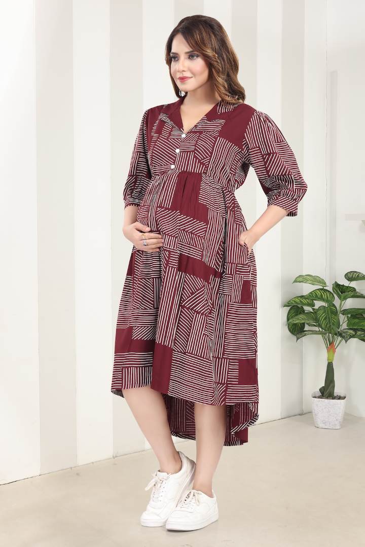 Garnet Red Printed Nursing Dress