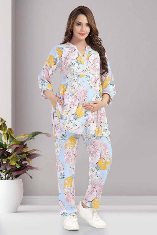 Baby Blue Printed Feeding Coord Set