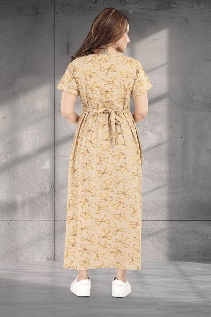 Beige Bow Printed Zipless Nightie