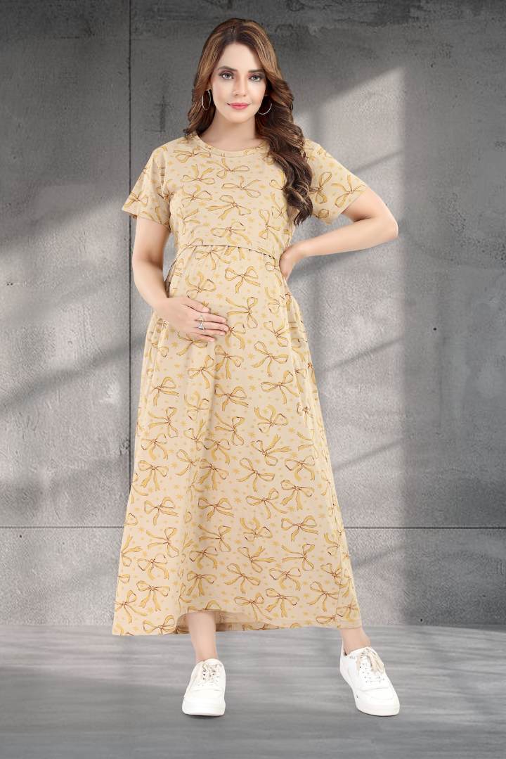 Beige Bow Printed Zipless Nightie