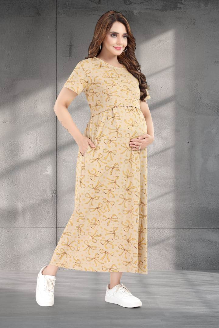 Beige Bow Printed Zipless Nightie