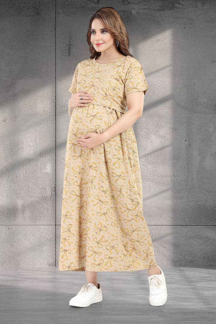Beige Bow Printed Zipless Nightie