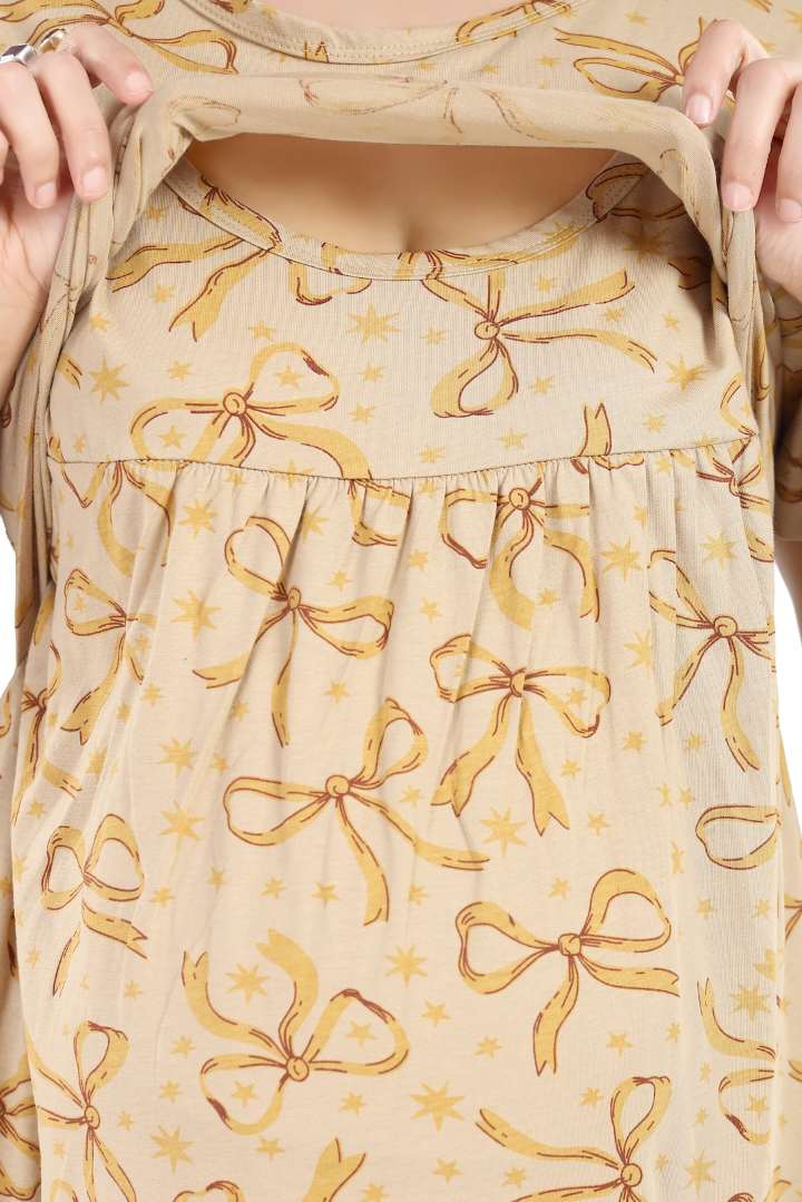 Beige Bow Printed Zipless Nightie