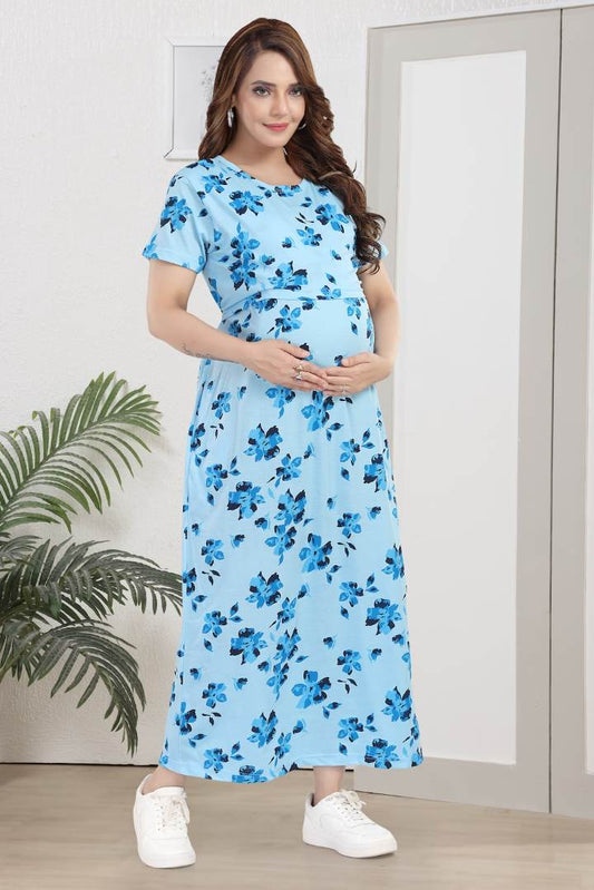 Ink Blue Printed Zipless Feeding Nightie