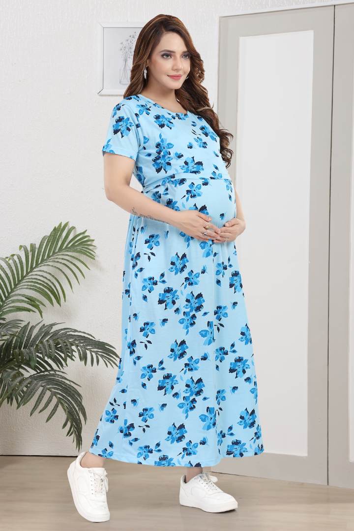 Ink Blue Printed Zipless Feeding Nightie