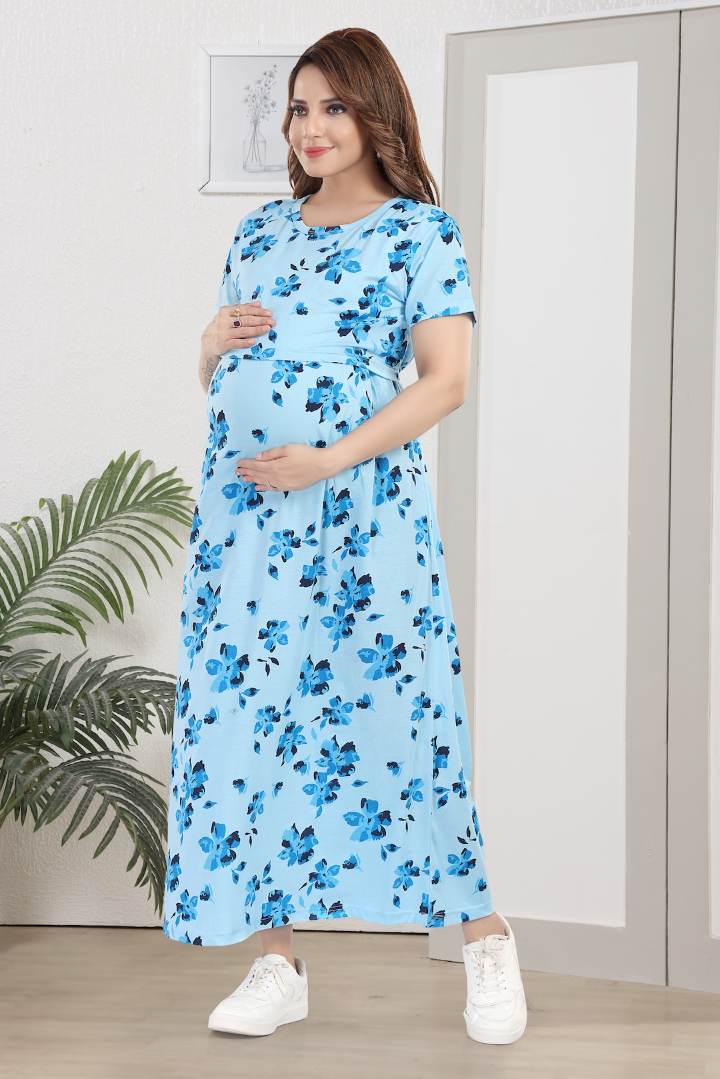 Ink Blue Printed Zipless Feeding Nightie