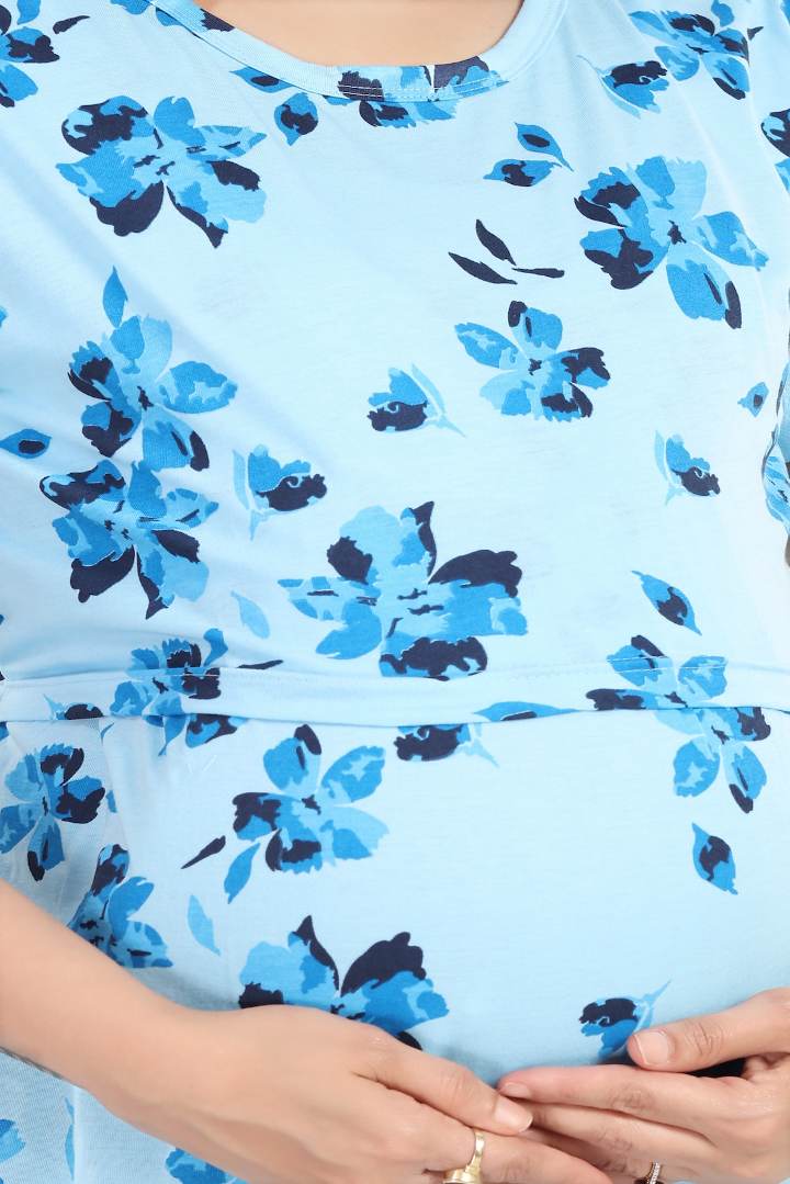 Ink Blue Printed Zipless Feeding Nightie
