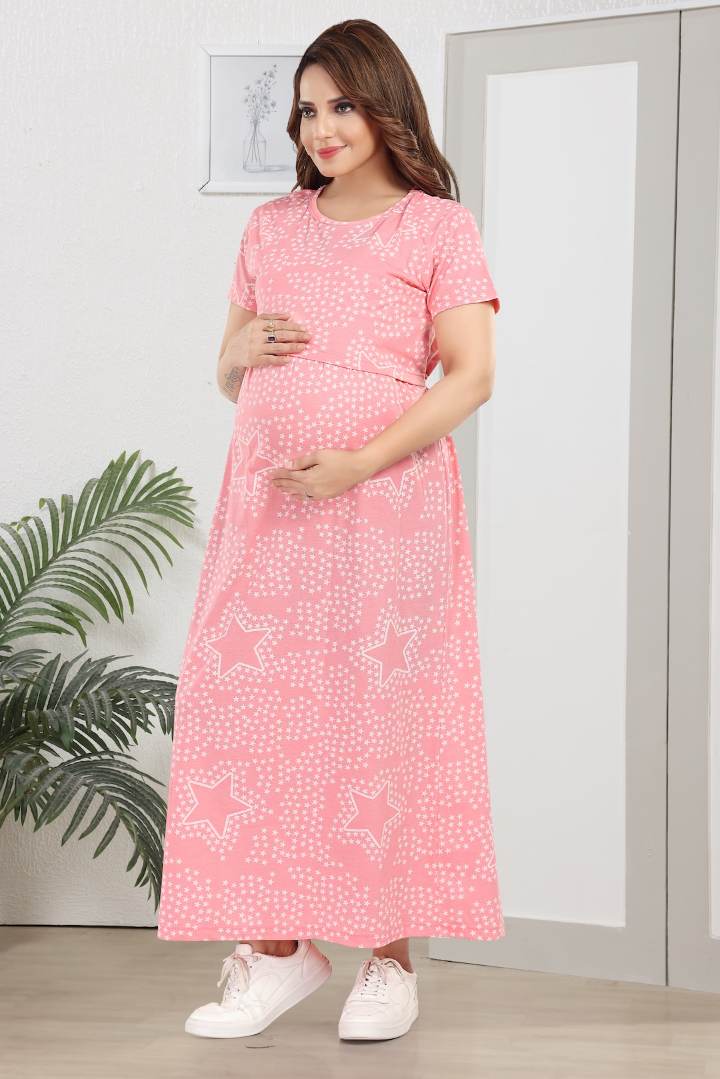 Baby Pink Star Printed Feeding Nightie