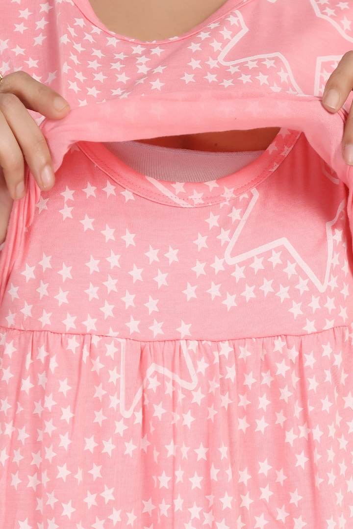 Baby Pink Star Printed Feeding Nightie