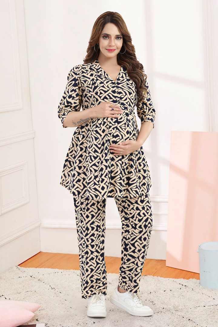Beige Black Printed Nursing Coord Set