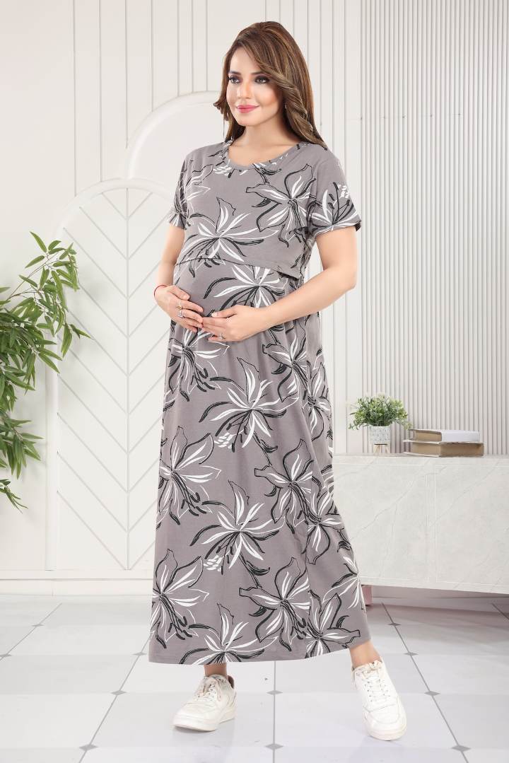 Cement Hibiscus Print Zipless Feeding Nightie