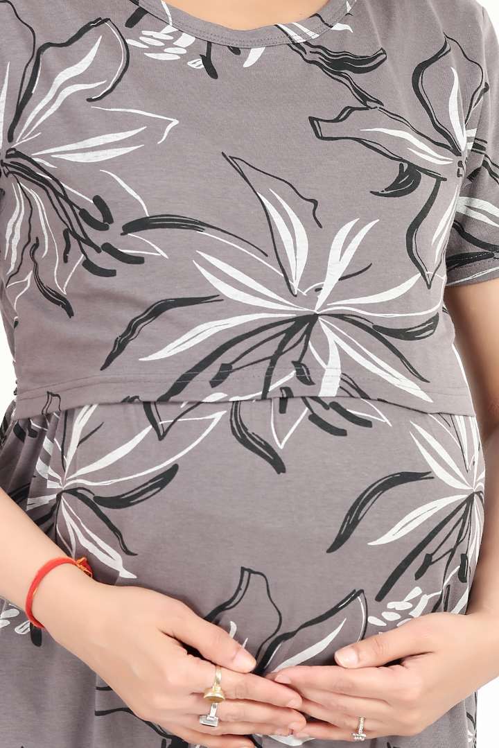 Cement Hibiscus Print Zipless Feeding Nightie