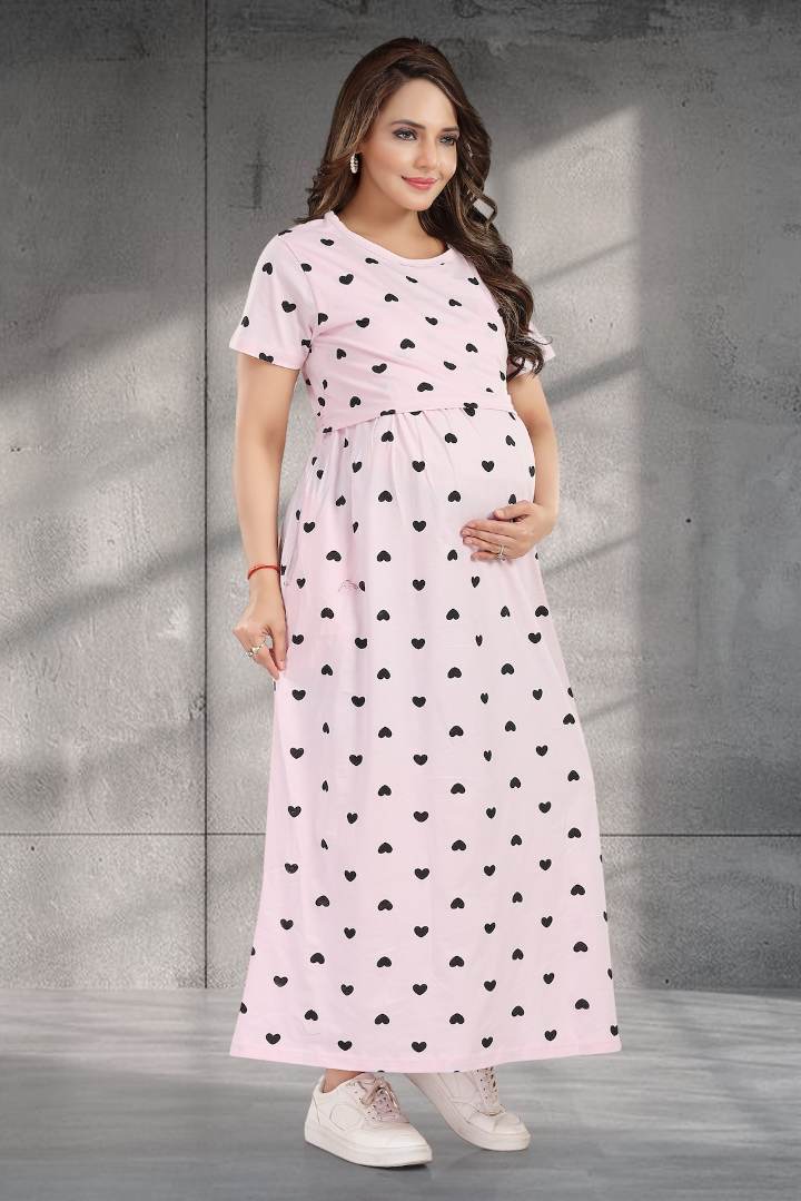 Pale Pink Heart Print Zipless Feeding Nightie