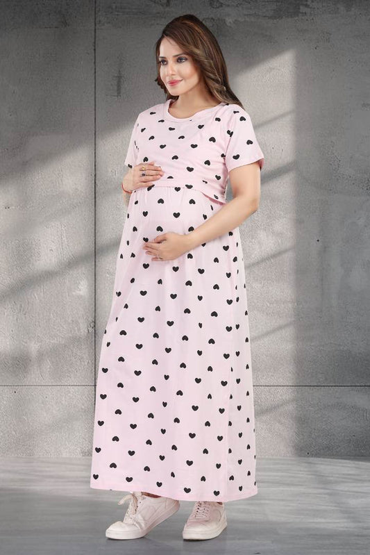 Pale Pink Heart Print Zipless Feeding Nightie