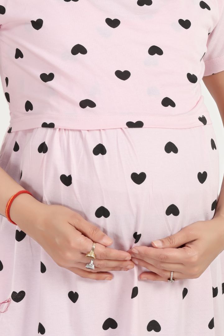 Pale Pink Heart Print Zipless Feeding Nightie