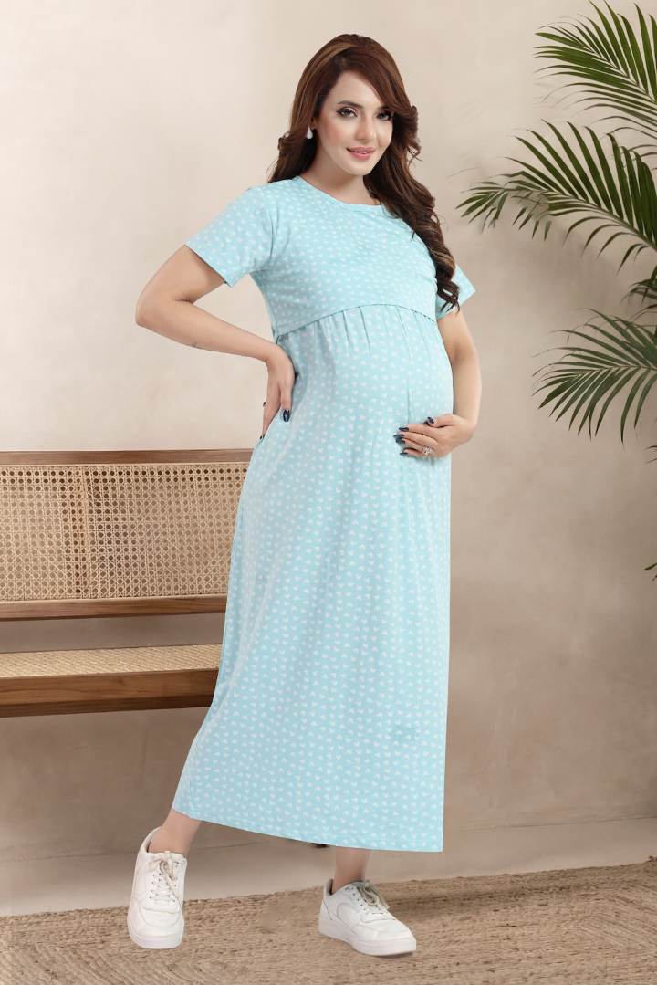 Crystal Blue Heart Printed Nightie