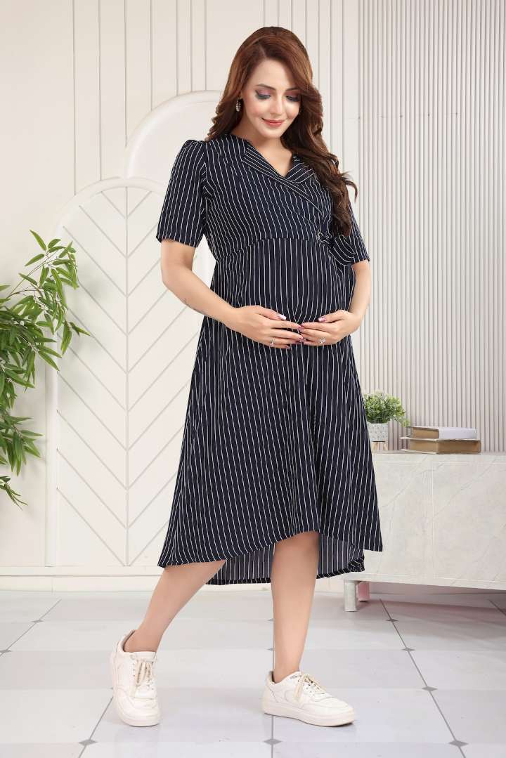 Navy Pin Striped Maternity Dress