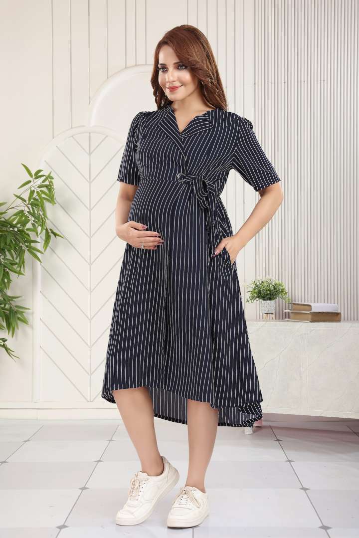 Navy Pin Striped Maternity Dress