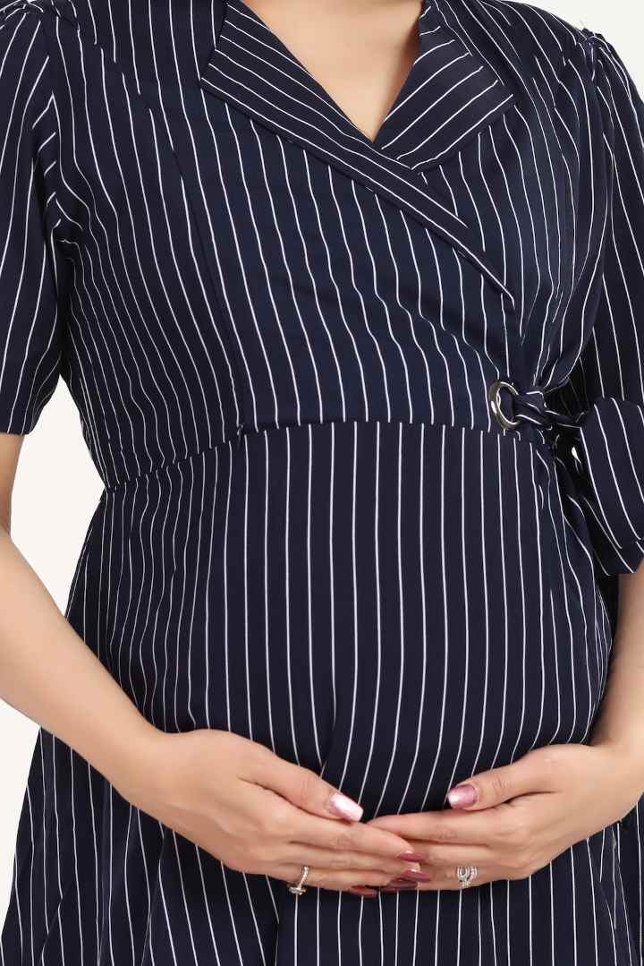 Navy Pin Striped Maternity Dress