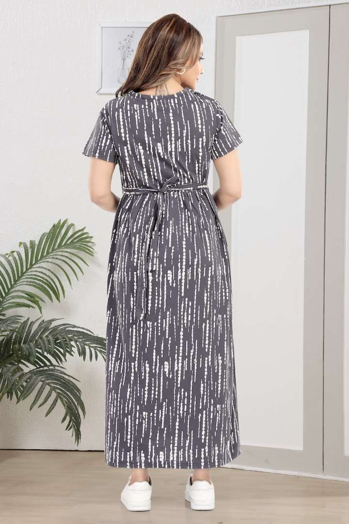 Grey Linear Print Zipless Feeding Nightie