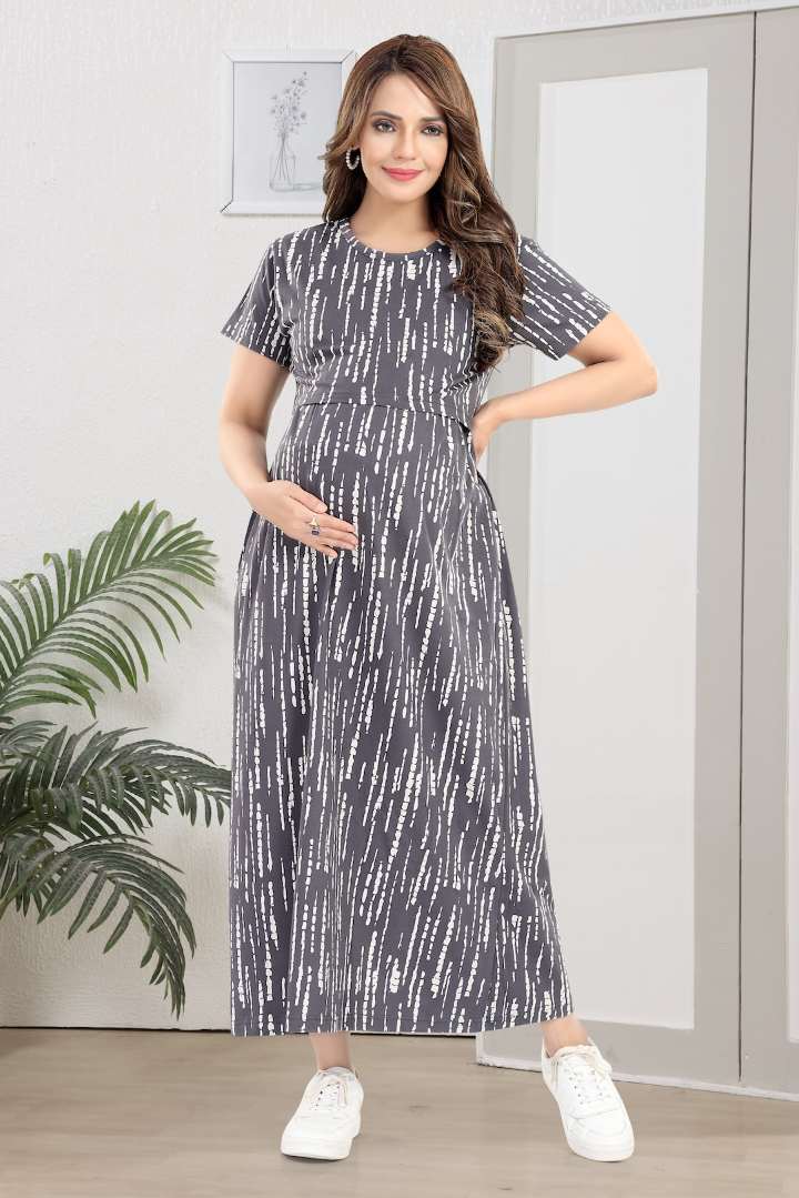 Grey Linear Print Zipless Feeding Nightie