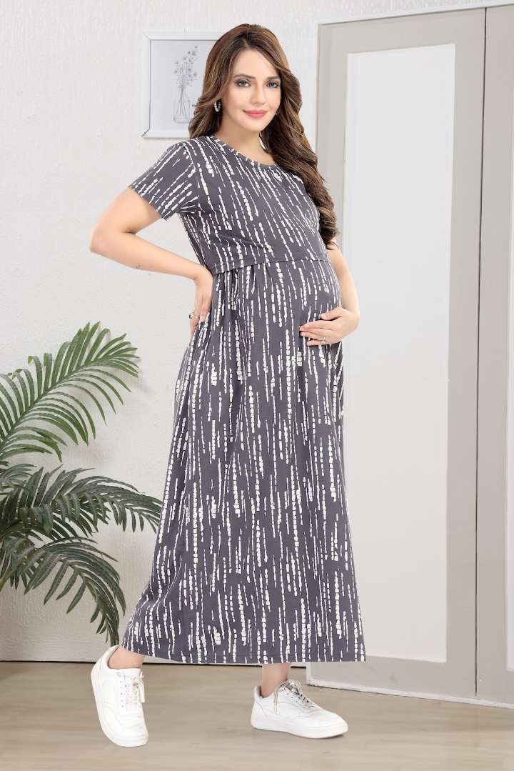 Grey Linear Print Zipless Feeding Nightie