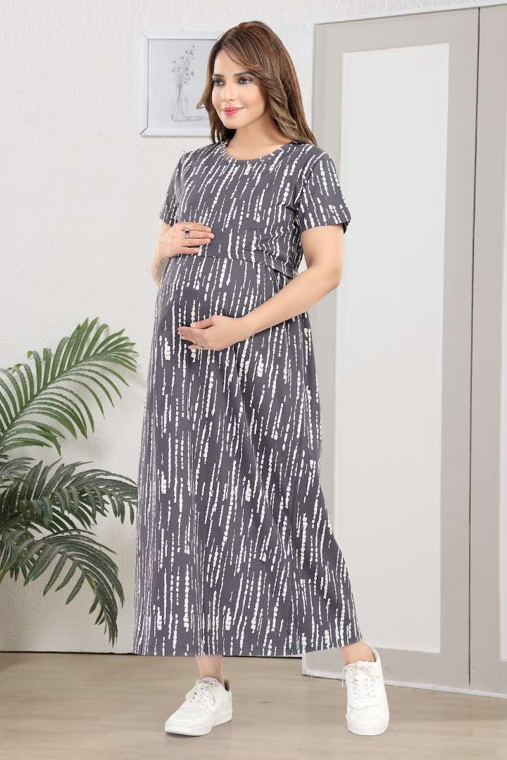 Grey Linear Print Zipless Feeding Nightie