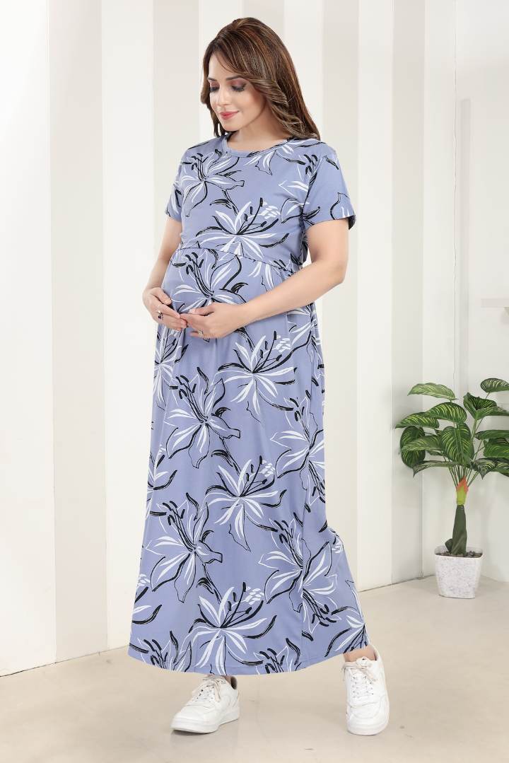 Dusty Blue Hibiscus Zipless Feeding Nightie