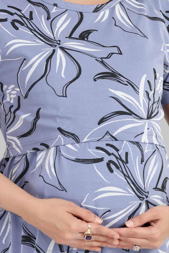 Dusty Blue Hibiscus Zipless Feeding Nightie