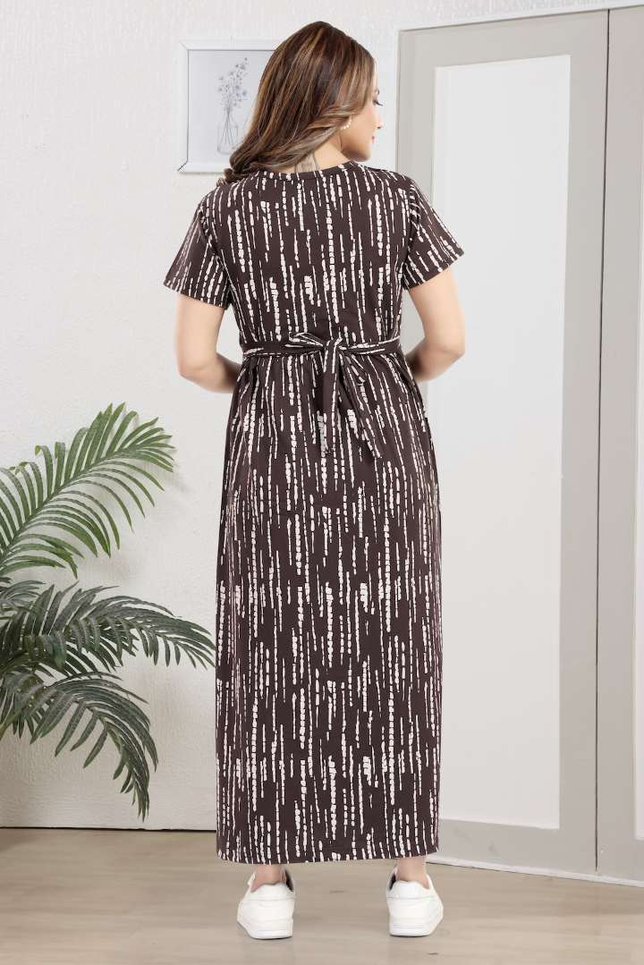 Wine Linear Print Zipless Feeding Nightie