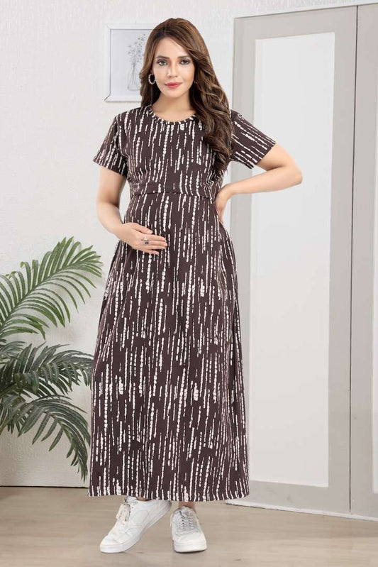 Wine Linear Print Zipless Feeding Nightie