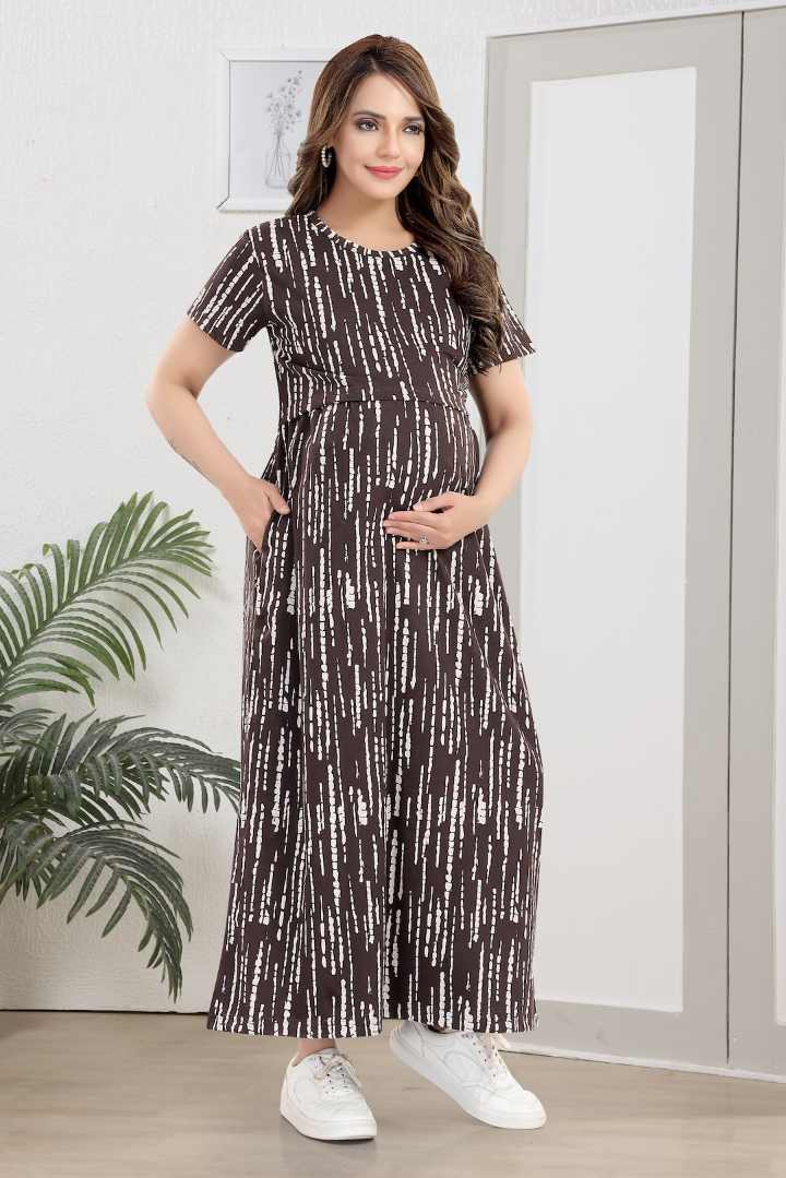 Wine Linear Print Zipless Feeding Nightie
