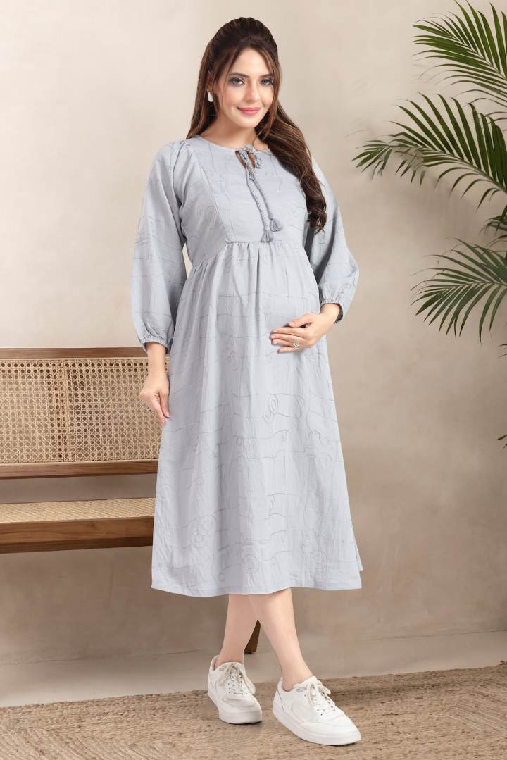 Glacier Grey Chikankari Maternity Dress
