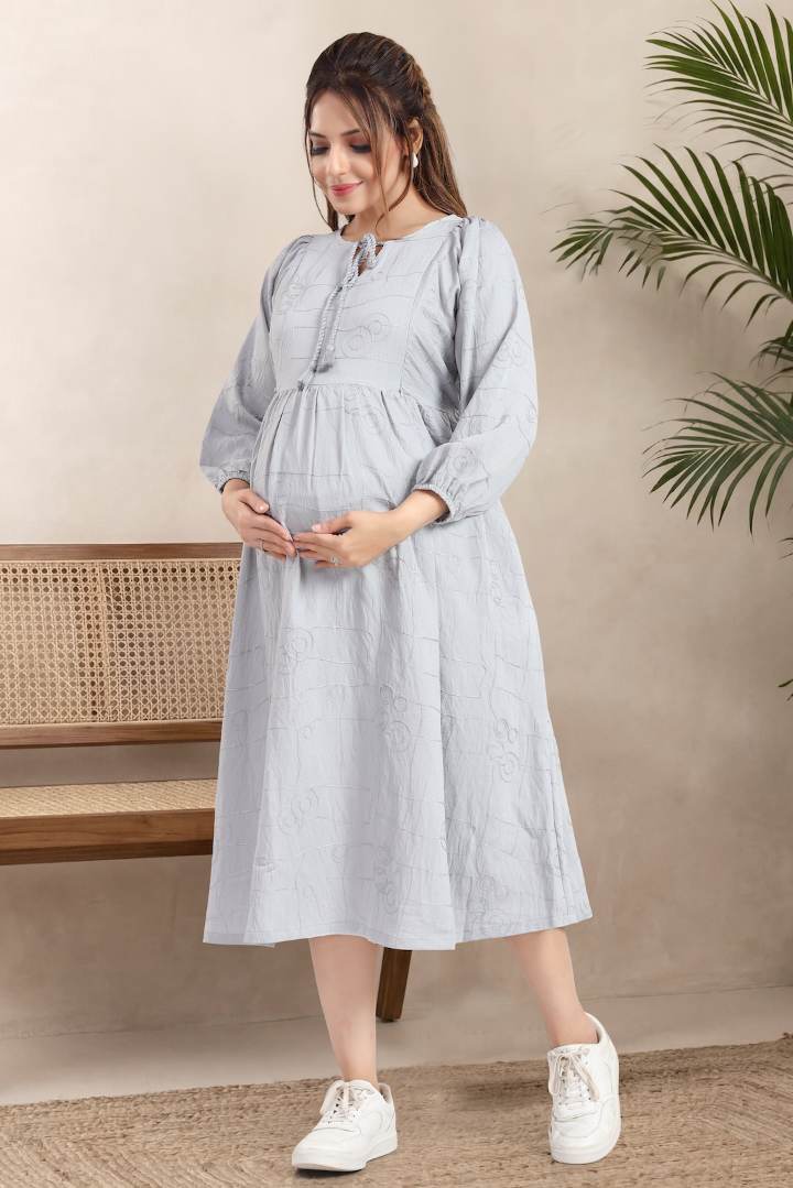 Glacier Grey Chikankari Maternity Dress