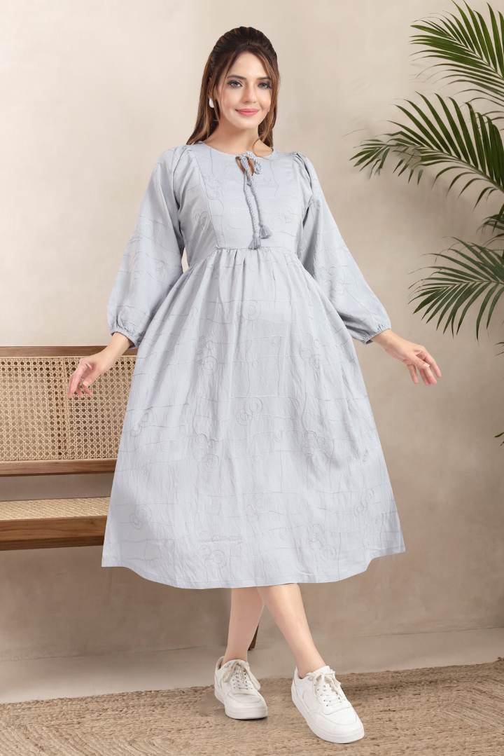 Glacier Grey Chikankari Maternity Dress