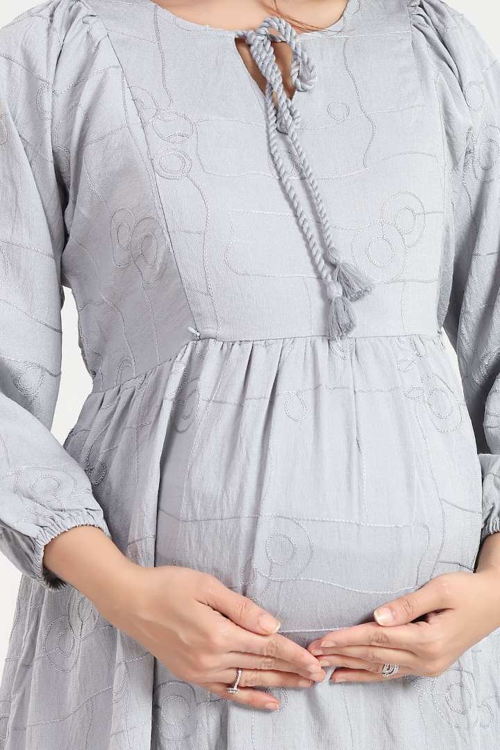 Glacier Grey Chikankari Maternity Dress